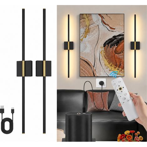 Coppia Applique LED Lineari Senza Fili 70CM Ricaricabili USB con Telecomando Touch e Rotazione 350° Nero Oro