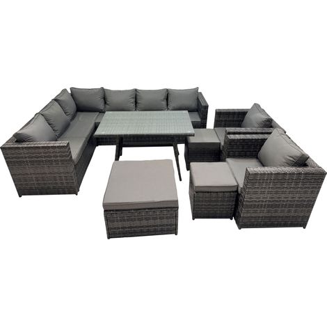 Fimous 11-seater Outdoor PE Rattan Sofa Set with Dining Table Patio Garden Furniture Sets with 2 Chair 3 Stools Dark Grey Mixed (1/5)