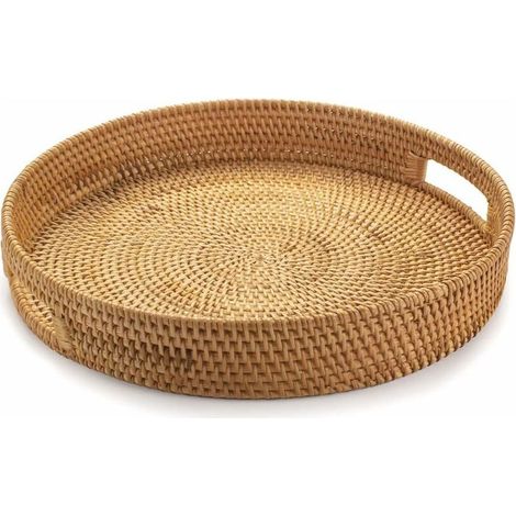 Round rattan serving tray, wicker tray with handles, woven fruit/bread basket, 30 cm (1/5)
