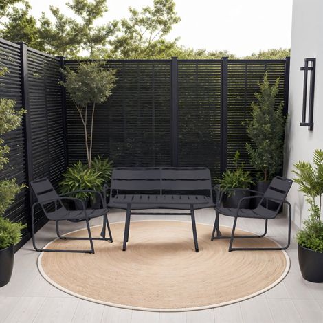 M&S – Salon de jardin 4 places lounge en métal gris avec traitement anti-rouille – Dimensions banc 124x66,5x66 cm – Table basse 90x50x45 cm