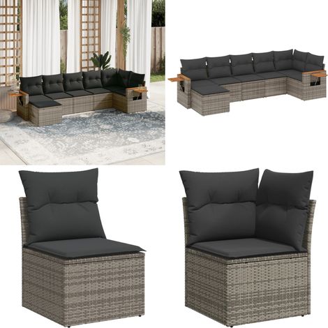 7-tlg. Garten-Sofagarnitur mit Kissen Grau Poly Rattan - Gartensorte - Gartenmöbelset - Lounge Möbel - Outdoor Furniture - Rattan Gartenmöbel - Home & Living (1/5)
