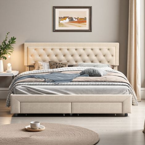 Bett mit Stauraum 160 x 200 cm – Samtstoff – 2 Schubladen – Bettrahmen 160 x 200 cm – Beige