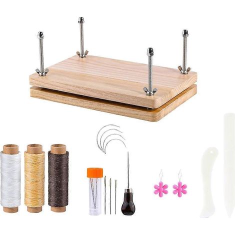 Reliure et Outils de Couture avec Presse à Livres en Bois, Fil Ciré, Aiguilles - Kit Artisanal pour Broderie et Réparation de Livres. (1/4)