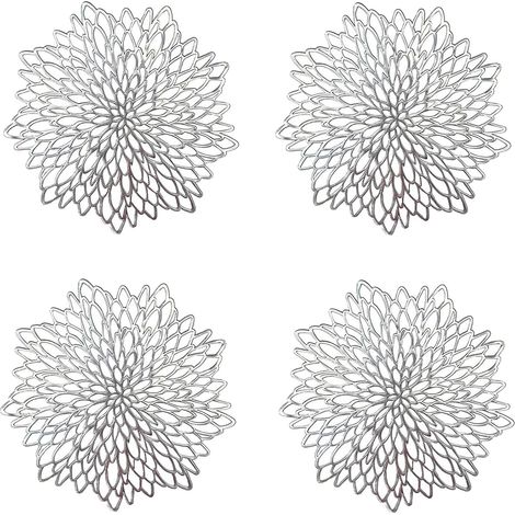 4 Pièces Napperon de Table Argent, Set de Table Rond évidé, Napperons Ronds Tapis de Table en Plastique, Utilisé pour L'isolation Thermique de L'assiette et de la Décoration de Table (Argent) (1/4)