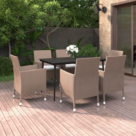 Set comedor de jardín 7 pzas y cojines ratán sintético y vidrio