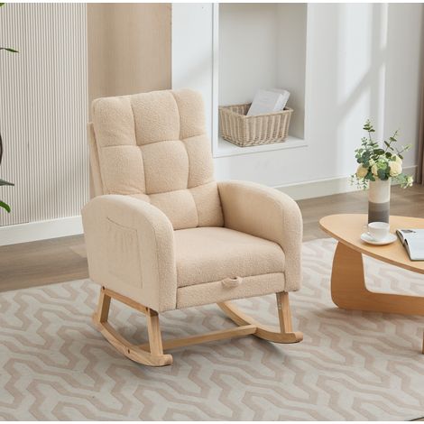 Schaukelstuhl aus Teddy-Stoff Beige 132x50x99 cm, mit Massivholzgestell und Seitentasche (1/5)