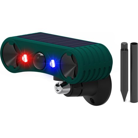 Ortviai Alarme Solaire Anti-Animaux avec Ultrasons, Lumières Stroboscopiques Rouge et Bleu, 4 Modes Réglables