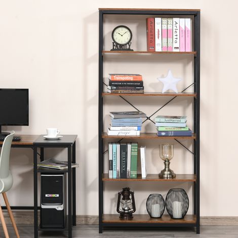 Étagère rétro industrielle verticale, bibliothèque compacte avec 6 étagères en bois et acier noir, 80x30x180cm (1/5)