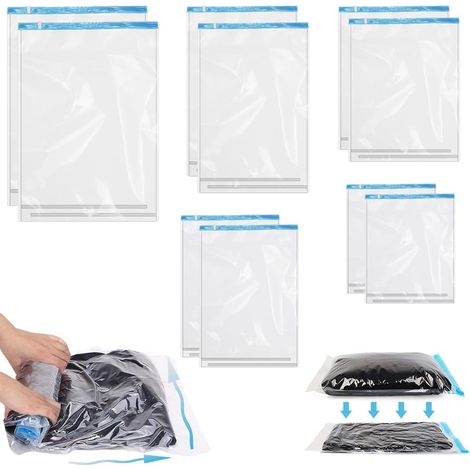 Lot de 10 Sacs de Rangement sous Vide, Sac Sous Vide Roulé à la Main Sacs de Compression sous Vide Sac de Voyage sous Vide Housse de Rangement Aspirant Sac Sous Vide Vetement, 5 Tailles (1/5)