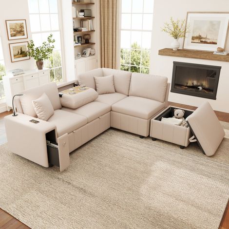 Canapé d'angle escamotable en forme de L avec fonction lit, pouf de rangement, table basse pliante, ports USB et Type-C, lampe de lecture et 2 coussins – parfait pour salon, chambre d'amis, cinéma mai (1/5)