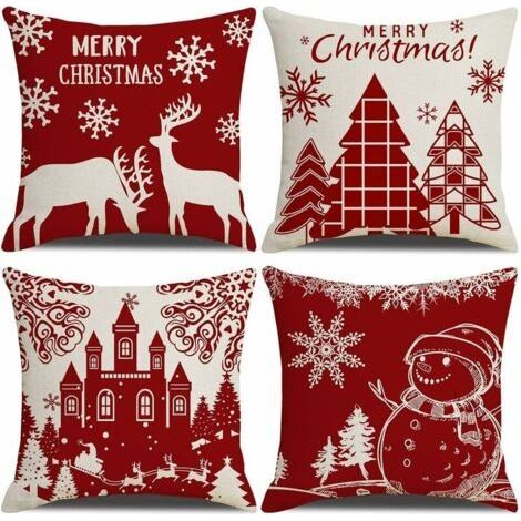 FENOPLASTICAHousse de Coussin Noel 45x45cm, Lot de 4 Noël Décoratif Canapé en Coton et Lin Noël pour Canapé Lit Chambre Chaise Jardin-Décoration Noël Rouge (1/5)