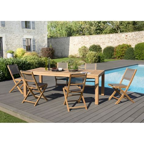 HALICE - SALON DE JARDIN EN BOIS TECK 6/8 personnes - 1 Table rectangulaire 220100 cm et 6 chaises textilène (1/5)