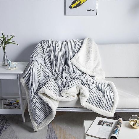 Plaid en polaire sherpa, gris et blanc, doux, moelleux, chaud et confortable (1/5)