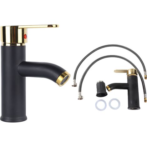 Robinet de lavabo monotrou à poignée unique, mitigeur eau chaude/eau froide en acier inoxydable noir et or (1/5)
