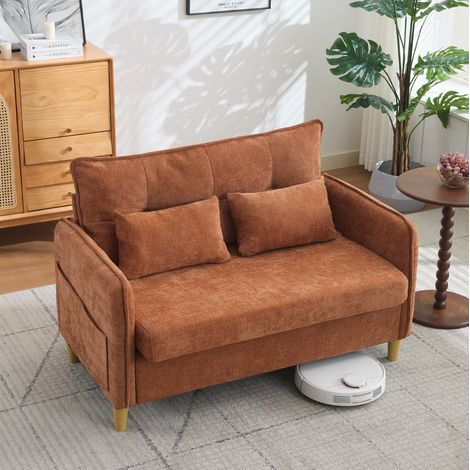 Divano 2 posti 127 cm in ciniglia con tasche laterali, cuscini inclusi, marrone HAVRYA (1/5)