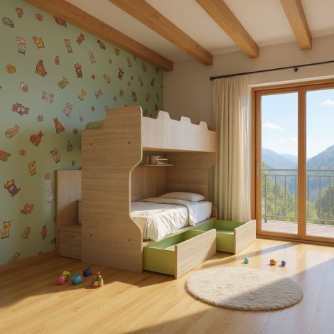 Letto a castello con scala contenitore e terzo letto estraibile - Cameretta salvaspazio - Rovere rock