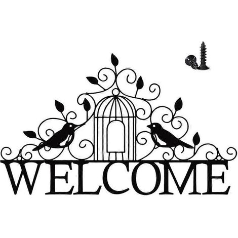 Panneau mural décoratif en fer forgé « Bienvenue » avec oiseau, idéal pour le salon ou la chambre.