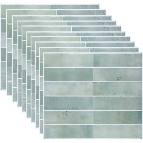 Sticker carrelage, set de 10, aspect pierre, adhésif, cuisine SDB, 29 x 23 cm, DIY revêtement panneau mural 3D (1/5)