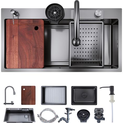 Mophorn Einbauspüle 850 x 460 x 236 mm, Spülbecken mit integrierter Stufe, Wasserfallarmatur & Schneidebrett, Einzelbecken für Wohnmobil, Vorbereitungsküche, Waschküche & Bar geeignet (1/5)