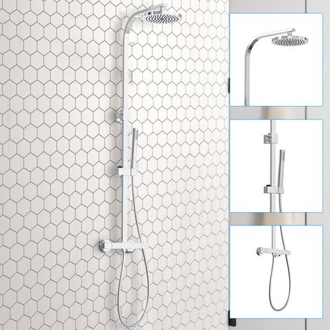 Bathroom Round Thermostatic Mixer Shower Set Twin Head Exposed Valve Chrome (1/5)