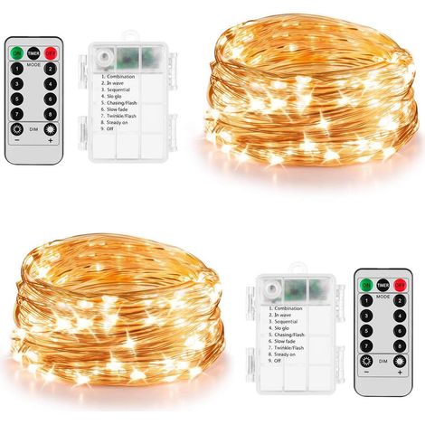 Guirlande Lumineuse - 100 LED - 2 x 10 M - Alimentation Piles - Étanche IP67 - Intérieur Extérieur - Noël Mariage Terrasse Pelouse - Lot de 2