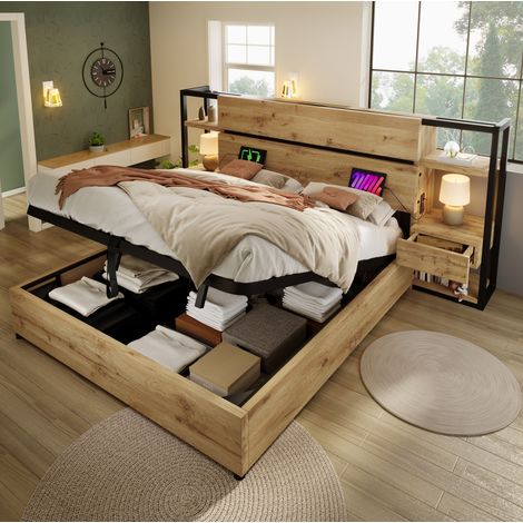 Doppelbett mit Stauraum 160x200 USB Ladestation Eiche OKMYHOME (1/5)