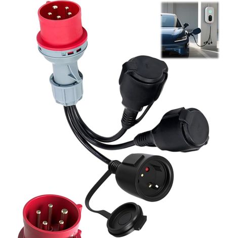 CEE Adaptateur 400 V vers 230V x3 répartiteur courant Câble d'extension de couplage avec couvercle à charnière et bouchon de sécurité, Adaptateur cee 16a pour caravanes industrie utilisation