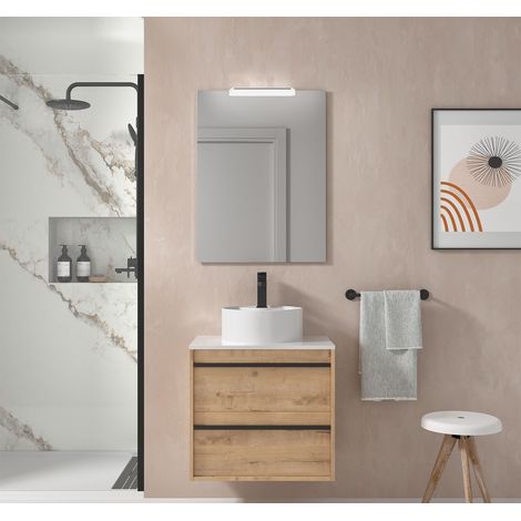 Mobile bagno sospeso 60 cm 2 cassetti in legno rovere ostippo con lavabo d'appoggio - Astoria - 60 cm Con Doppia colonna Specchio e Lampada Led - Accessorio: Con colonna specchio e lampada LED - Misu