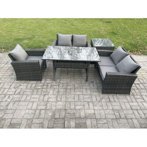 Fimous Wicker Rattan Garden Dining Set Outdoor Furniture Sofa with Dining Table Double Seat Sofa Side Table Dark Grey Mixed (1/5)