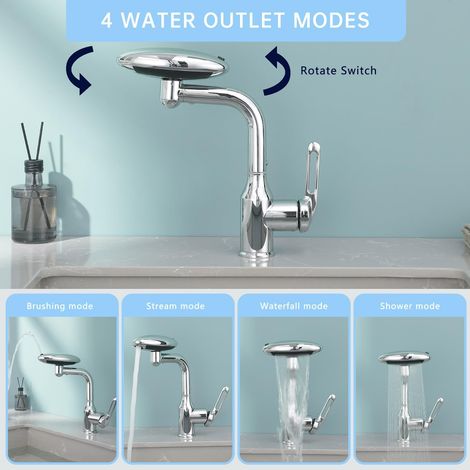 Rubinetto da bagno multifunzionale a cascata con 4 modalità di flusso, flusso d'acqua singolo, bagno moderno, beccuccio girevole a 360°, tubi di alimentazione cromati - ALTRO (1/4)