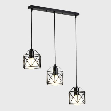 Lustre LED Industriel avec Cage - Plafonnier Pendentif Vintage Semi-Encastré Hauteur Personnalisable Ampoule Non Incluse E27 1.5m Métallique (1/5)