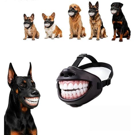 Muselière amusante avec dents souriantes pour chiens, légère et ajustable, accessoire photo original pour les activités quotidiennes de votre chien en extérieur. (1/3)