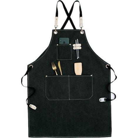 Tablier noir à poches et bretelles amovibles, en toile de coton imperméable et confortable, idéal pour la restauration. (1/5)