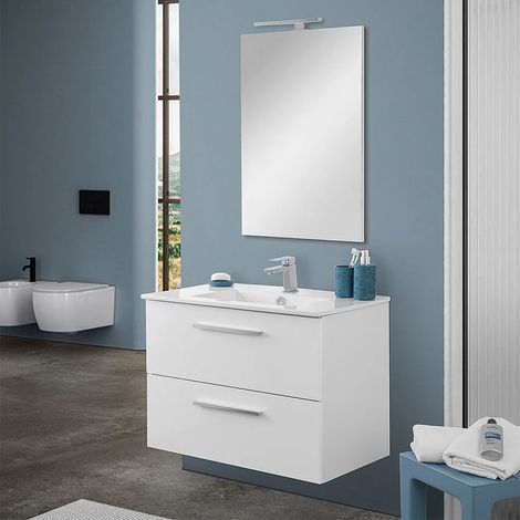Mobile bagno sospeso 80 cm bianco lucido 2 cassetti e specchio (1/5)