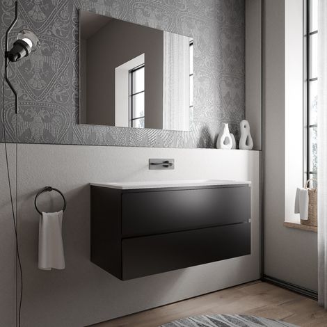Unterschrank Bernstein AVA 100 cm mit Mineralguss Waschbecken BRUXELLES - Badmöbelfarbe Schwarz matt, Waschbecken Weiß matt ohne Hahnloch