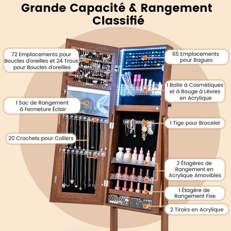 Armoire à bijoux marron sur pied avec miroir pleine longueur, éclairage LED 3 couleurs et porte verrouillable pour chambre et (1/5)