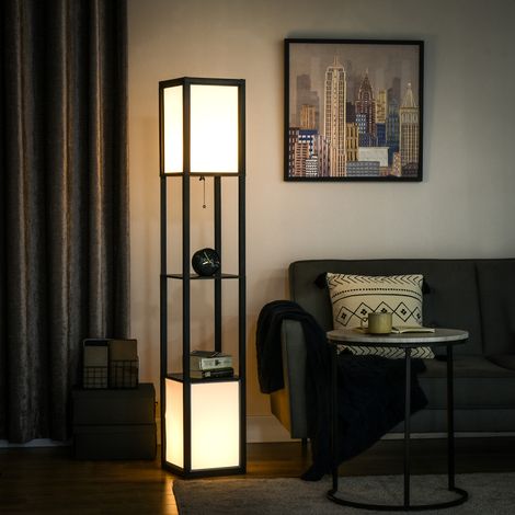 Lampe Pied Étagère Puissance Maximale Ampoule E27. Moderne Rangement Travail Bois Noir Blanc 40w 26x26x156cm