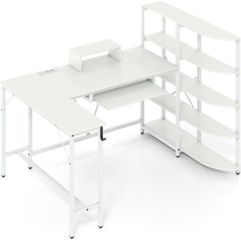 Bureau d'angle blanc en L avec étagère 5 niveaux, station de charge, support écran et tiroir clavier pour bureau, gaming et maison