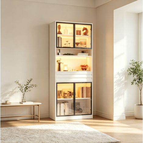 Vitrinenschrank 80x35x200 cm aus MDF, weiß, mit 4 Glastüren und RGB-LED, platzsparend – MEUBLIV (1/5)