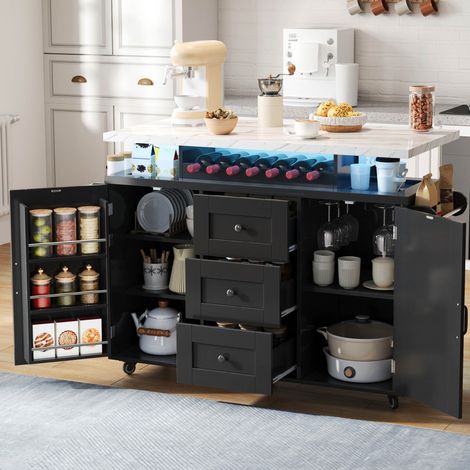Isla de cocina 138x60x93 cm negra en MDF con tablero abatible, LED, ruedas, botellero y portacopas (1/5)