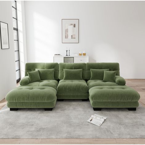 Sofá modular en U verde de chenilla con asiento profundo y otomanas móviles (1/5)