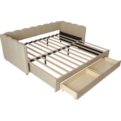 Cama tipo diván extensible 90x190 cm a 180 cm con 2 cajones, USB y Chenilla beige (1/5)