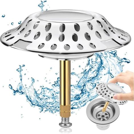 Bouchon de baignoire 2-en-1 avec piège à cheveux, Ø 72 mm, siphon anti-accumulation, hauteur ajustable, bonde réglable (1/4)