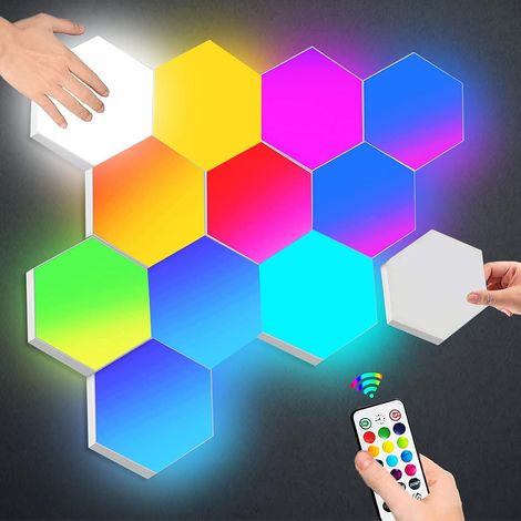 Panel de pared LED con control remoto, luces hexagonales inteligentes, lámpara de juego RGB con control táctil, luces nocturnas DIY, módulo de empalme geométrico para configuración de juegos, decoraci (1/4)