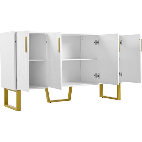 Buffet blanc brillant avec 4 portes, poignées et pieds en métal, design géométrique, 140x40x80 cm (1/5)
