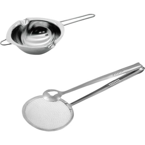Service bain-marie pour chocolat – Ensemble acier inoxydable : bol + pince à friture/beignet (26×11×6 cm et 28,5×10 cm)