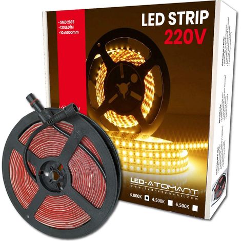 LED ATOMANT Rotolo da 5 metri di Striscia LED Diretta a 220V, 12W/m, Colore Bianco Caldo (3000K), Impermeabile (IP65), Taglio ogni 10cm (1/4)