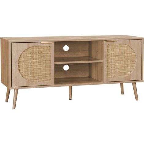 120cm TV unit woodenn effect rounded cane rattan 2 doors, Eva, Natural, 120x39x56.5 cm (1/5)