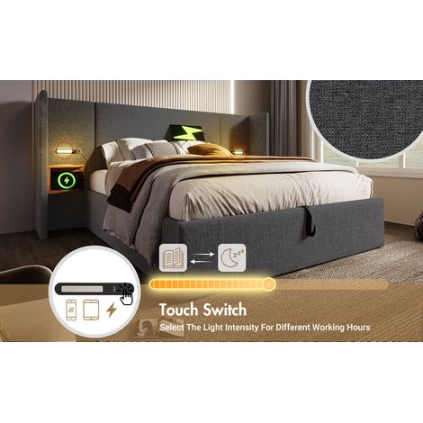 Lit double rembourré 160×200 avec table de chevet, lampe de lecture et charge USB Type-C, lit avec rangement, cadre de lit avec sommier à lattes en bois massif et métal, gris, lin (sans matelas)