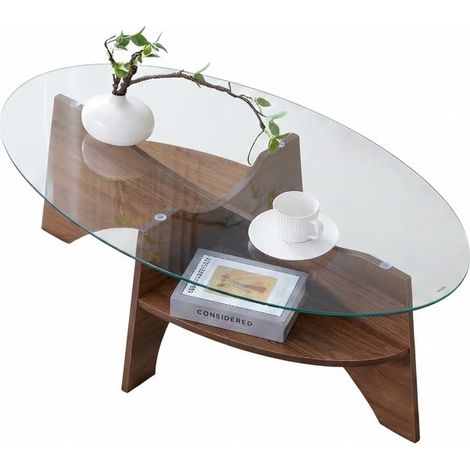 ELVMI Table Basse Ovale avec Étagère de Rangement, Plateau en Verre de Sécurité, pour Salon, MDF Noyer (1/5)